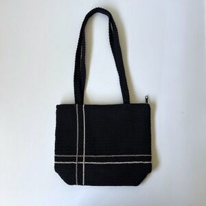 Chateau Black Woven Tote Bag Cream Stripe Shoulder Bag Vintage Coastal Boho
